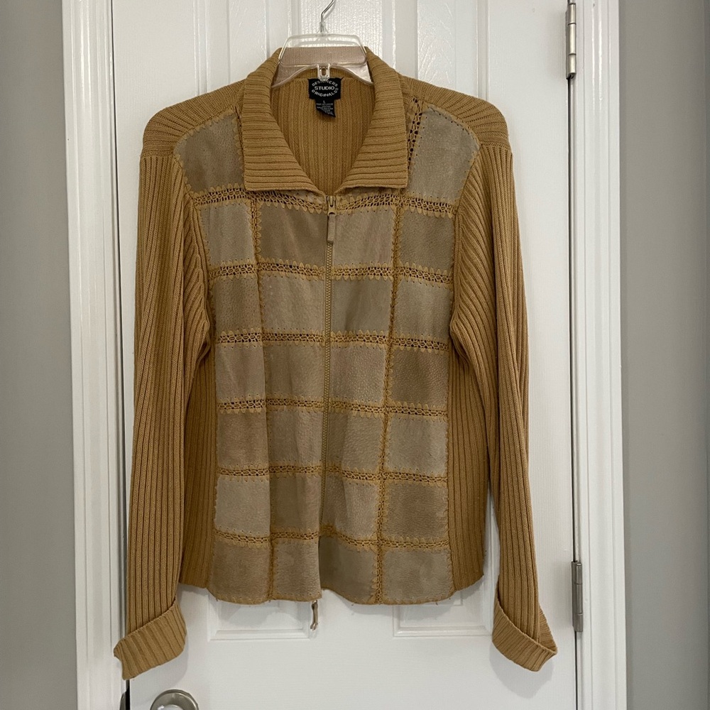 Tan and Beige Zip-Up Sweater Jacket